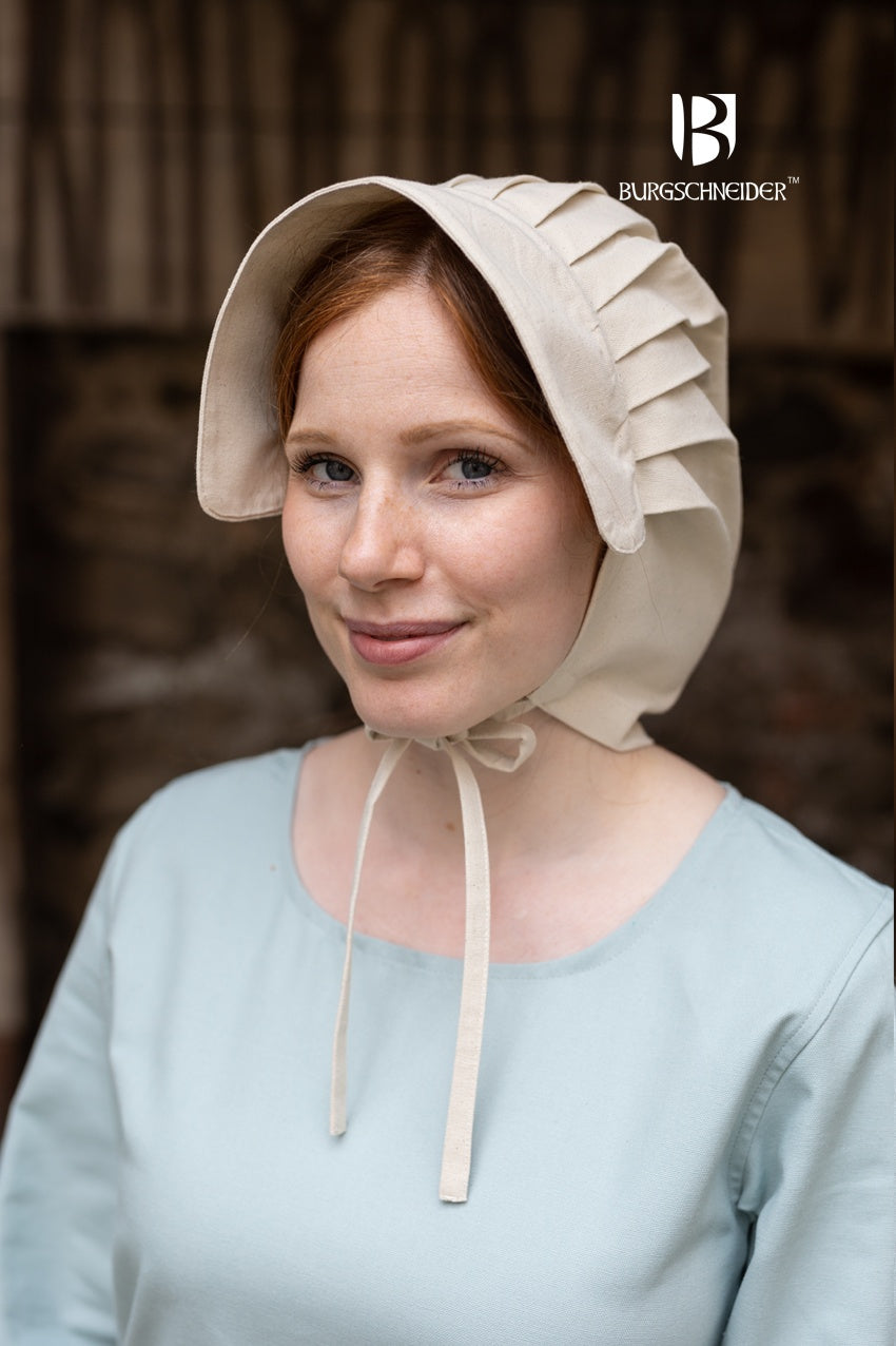 Bonnet Emma Natural made of 100% cotton, featuring a hemmed visor and strings, designed for authentic medieval costumes.