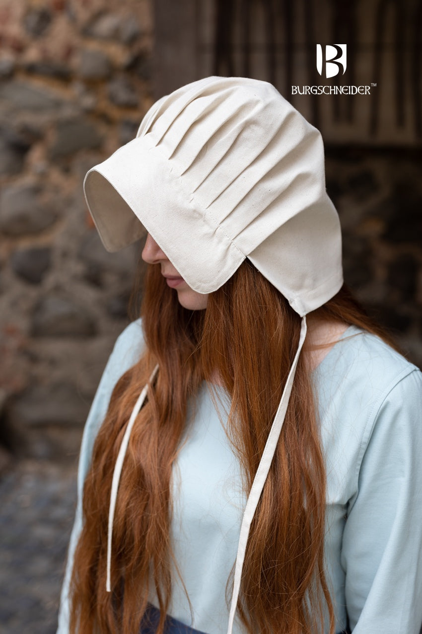 Bonnet Emma Natural made of 100% cotton, featuring a hemmed visor and strings, designed for authentic medieval costumes.