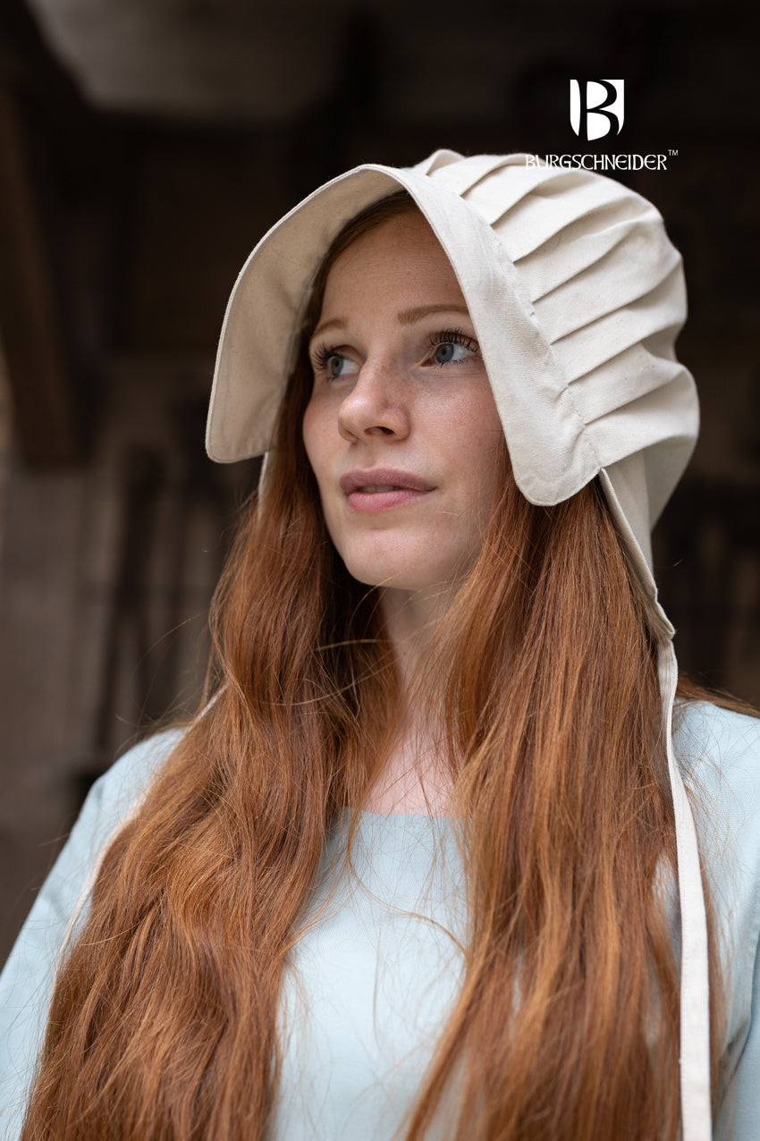 Bonnet Emma Natural made of 100% cotton, featuring a hemmed visor and strings, designed for authentic medieval costumes.