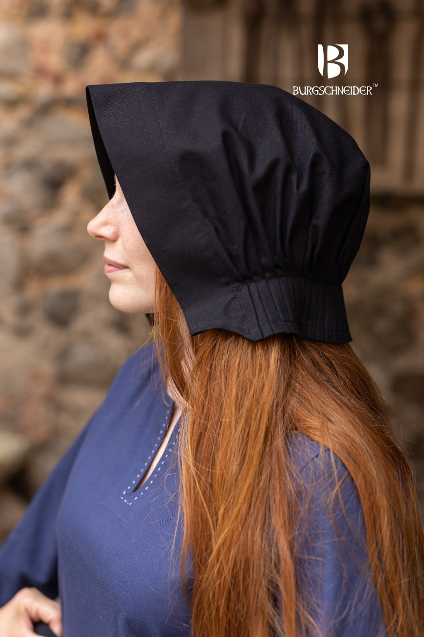 Bonnet Helga Black, a 100% cotton medieval hood with a round brim, showcasing its elegant design and historical significance.