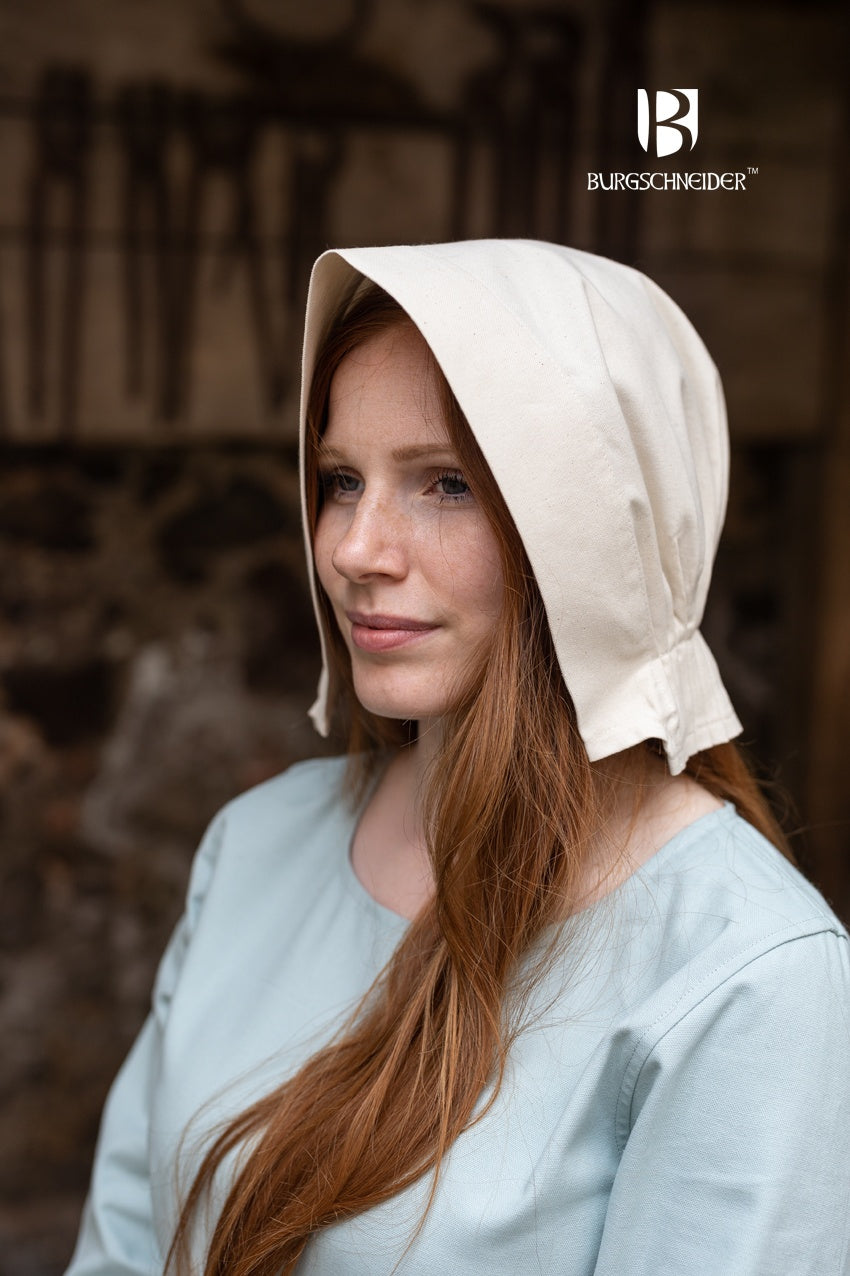 Bonnet Helga Natural, a 100% cotton medieval hood with a half-circle round brim, ideal for historical costumes.