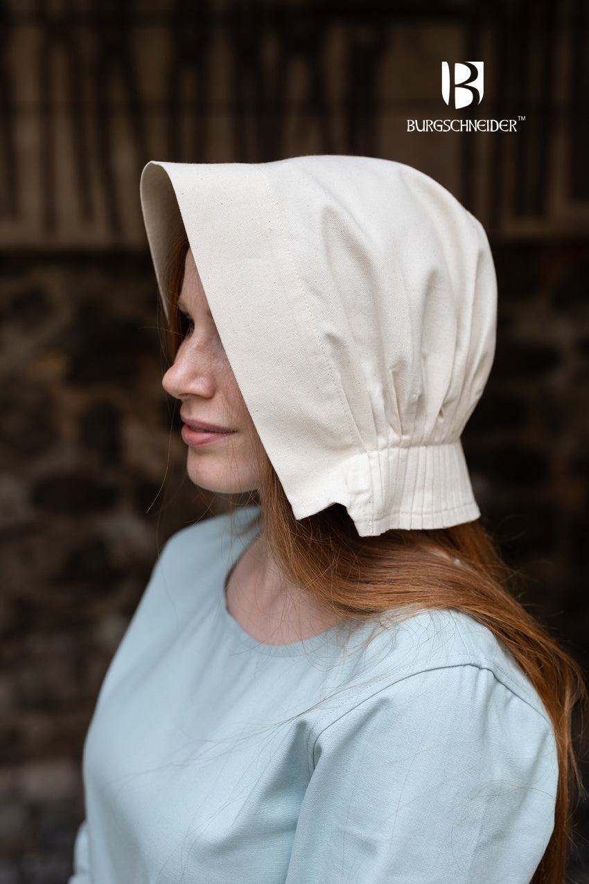 Bonnet Helga Natural, a 100% cotton medieval hood with a half-circle round brim, ideal for historical costumes.