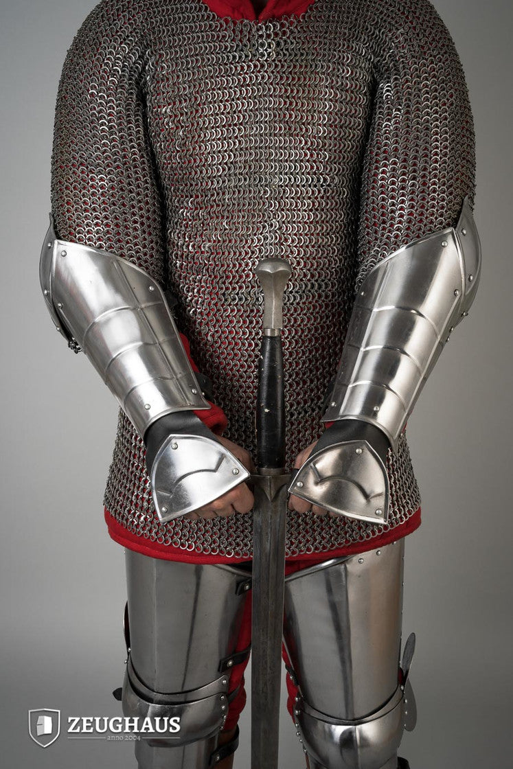 Bracers Champion Polished featuring fluted design, leather straps, and robust buckles for LARP and combat use.