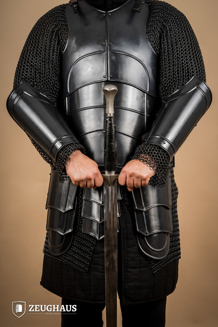 Warrior Burnished Bracers made of steel and leather, designed for combat protection with adjustable straps.