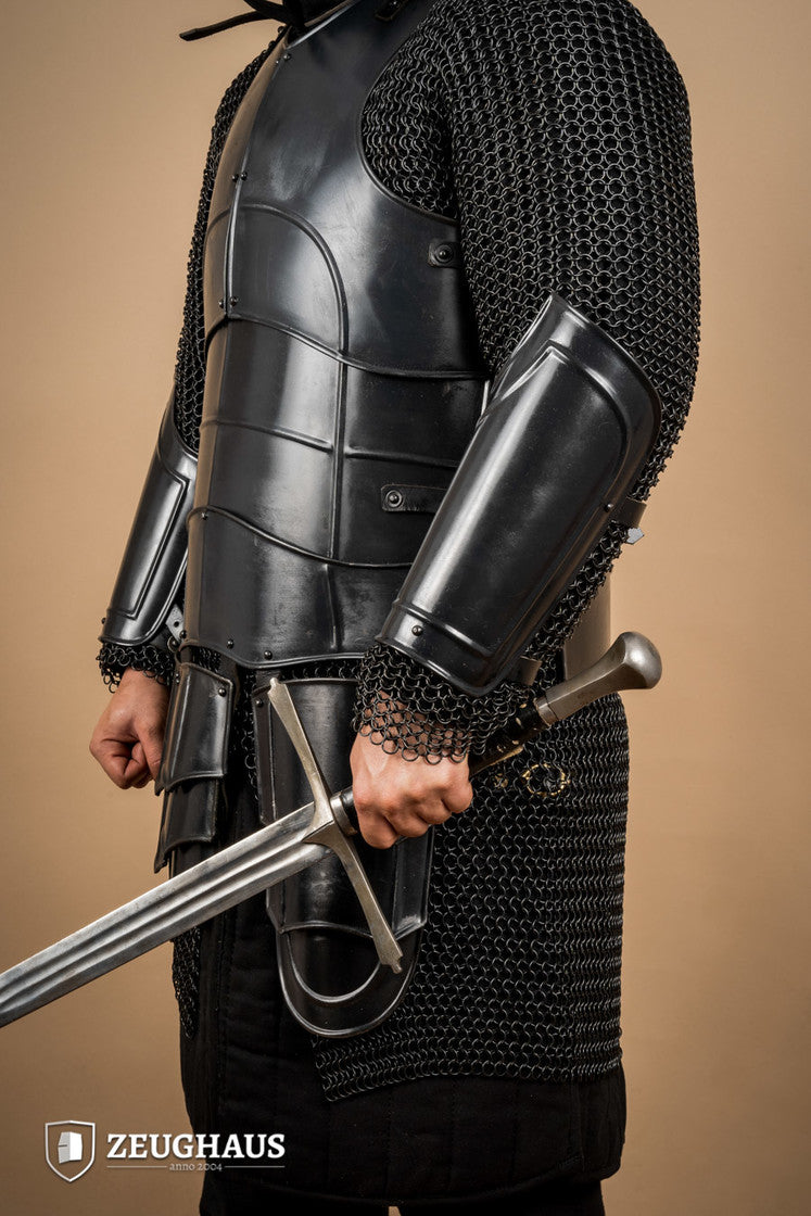 Warrior Burnished Bracers made of steel and leather, designed for combat protection with adjustable straps.