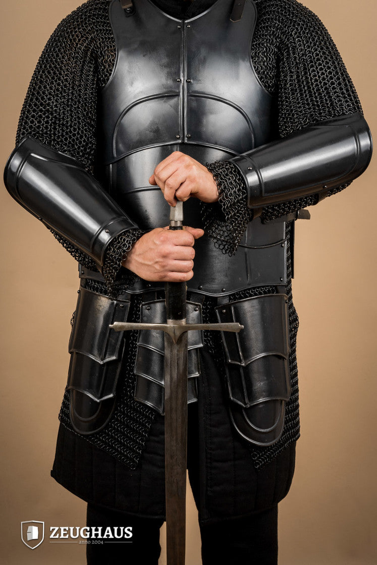 Warrior Burnished Bracers made of steel and leather, designed for combat protection with adjustable straps.