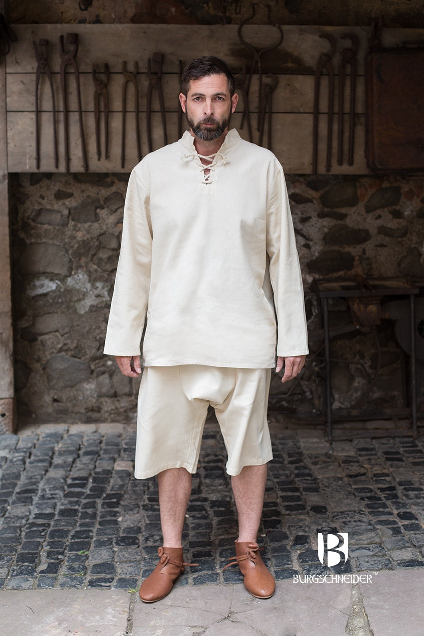 Braies Gisbert Natural, medieval-style underpants made from coarse cotton, featuring a traditional 12th-century overlap design.
