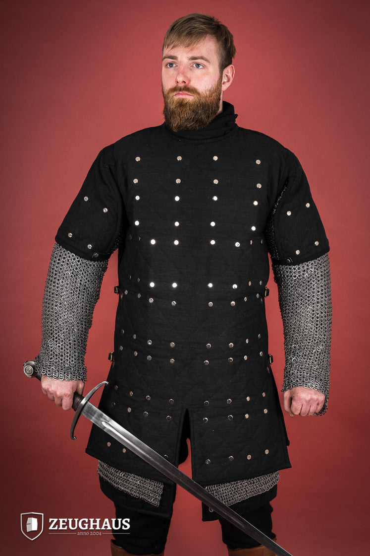 Brigantine Black body armor featuring riveted steel plates and leather straps, designed for comfort and protection in LARP and exhibition combat.