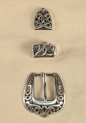 Celtic Antique Silver Buckle Set featuring intricate designs, perfect for LARP and medieval events.