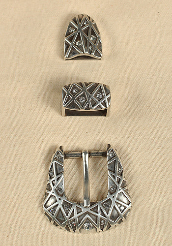 Buckle Set Rhinestone Antique Silver featuring intricate rhinestone details and an antique silver finish, perfect for leather belts.