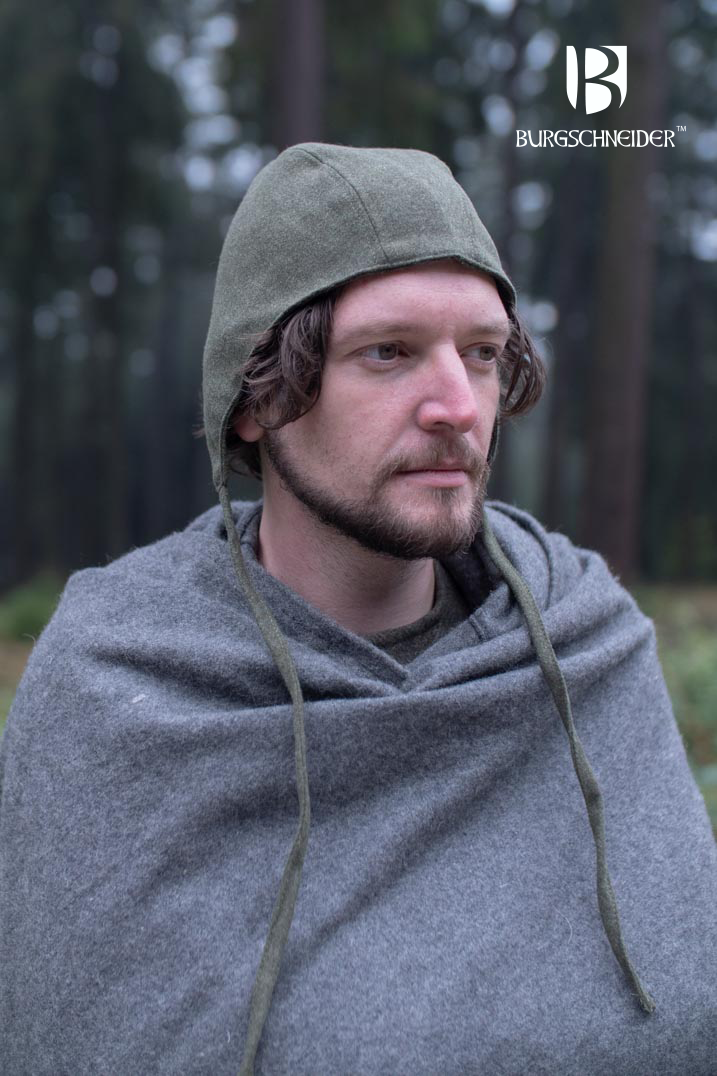 Olive green medieval bundling hood made of wool blend, featuring drawstrings for adjustment, ideal for LARP and festivals.