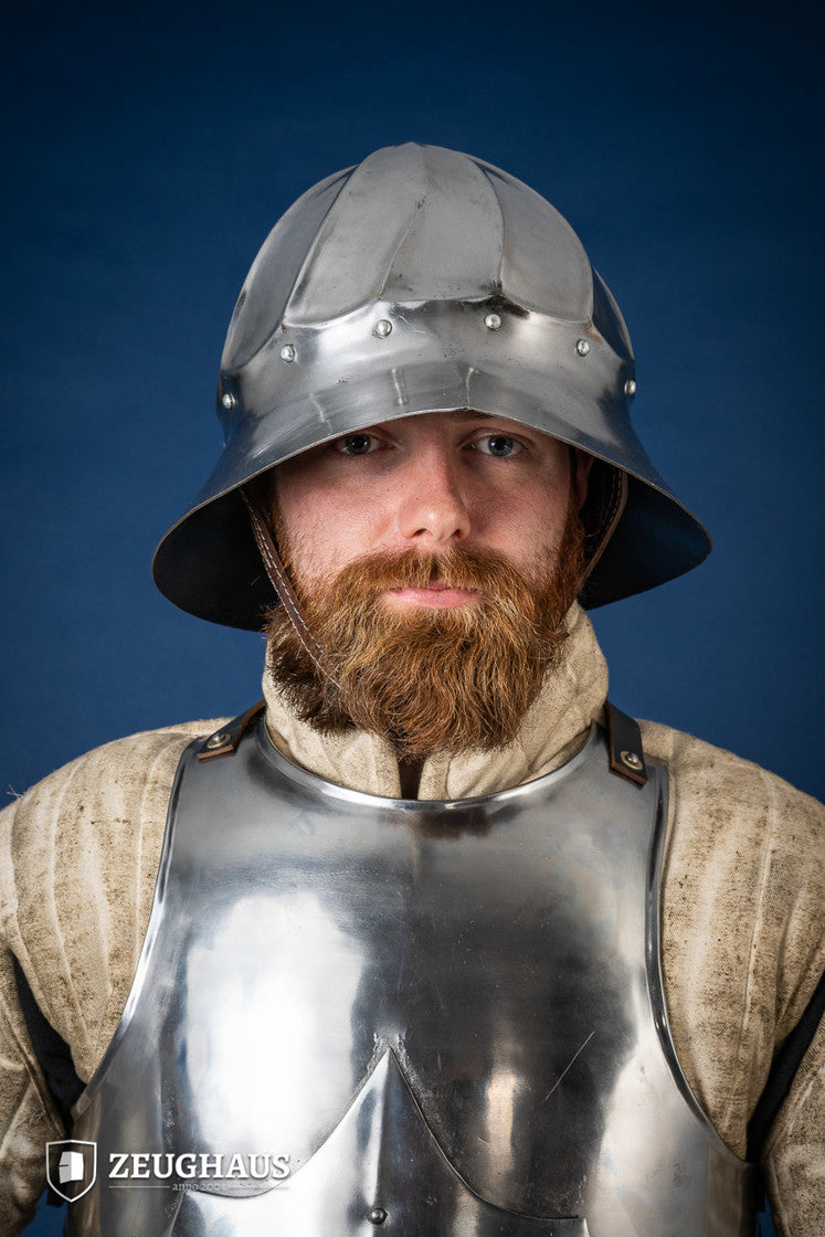 Burgundian Kettle Hat made of polished steel, featuring a deep design for neck protection and a comfortable leather-lined interior.