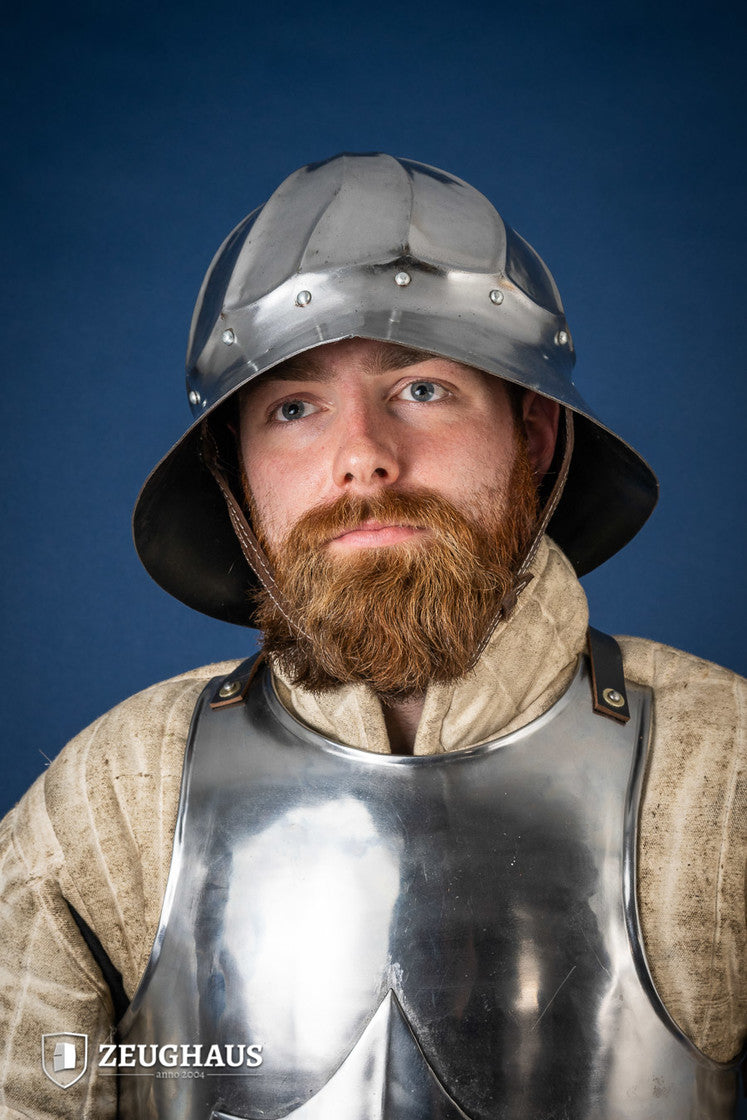 Burgundian Kettle Hat made of polished steel, featuring a deep design for neck protection and a comfortable leather-lined interior.