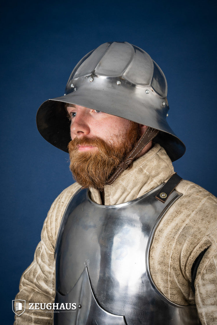 Burgundian Kettle Hat made of polished steel, featuring a deep design for neck protection and a comfortable leather-lined interior.