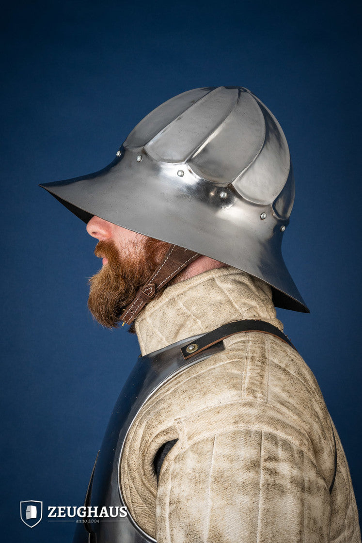 Burgundian Kettle Hat made of polished steel, featuring a deep design for neck protection and a comfortable leather-lined interior.