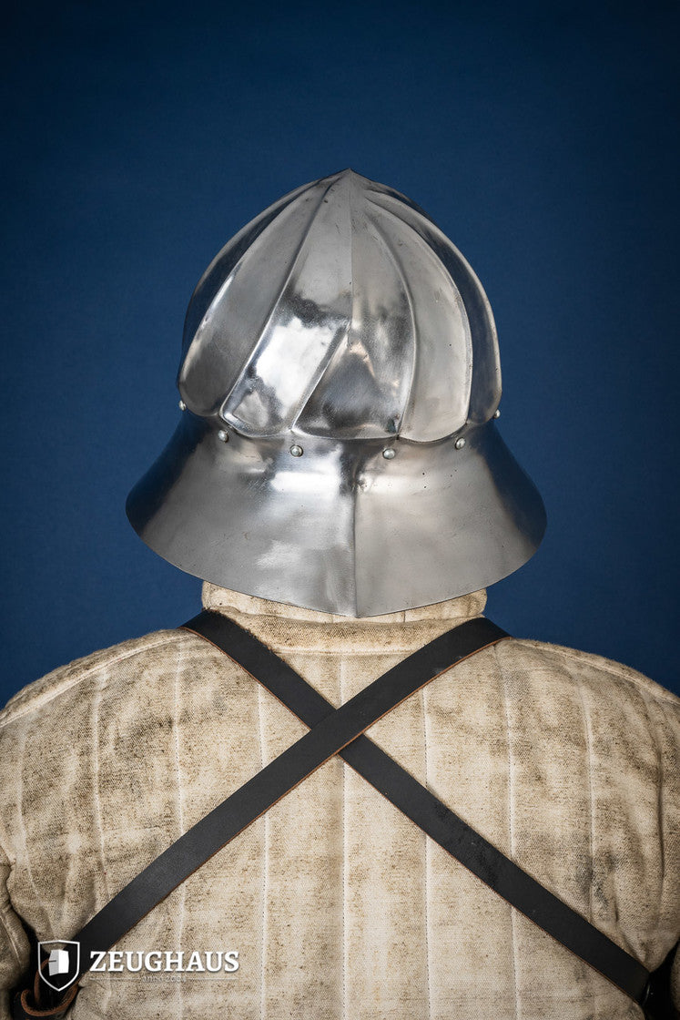 Burgundian Kettle Hat made of polished steel, featuring a deep design for neck protection and a comfortable leather-lined interior.