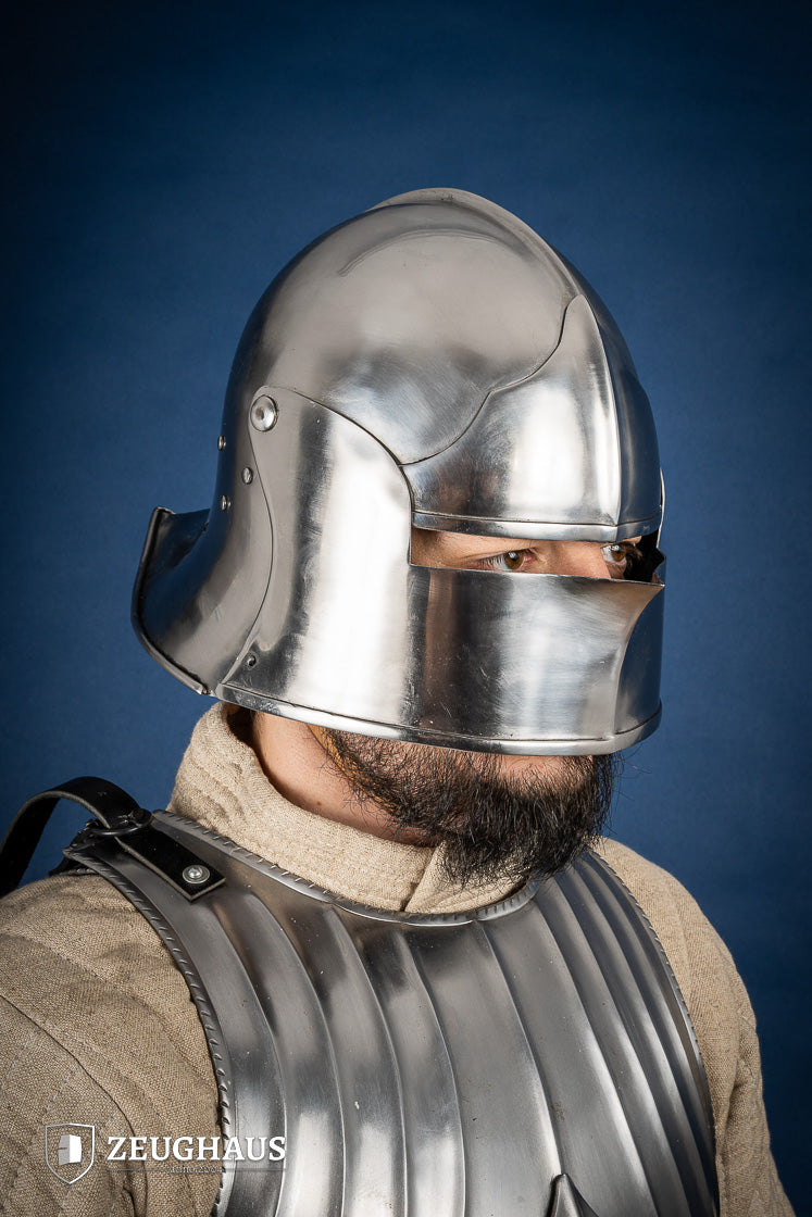 Burgundian Sallet Helmet made of 1.6mm polished steel with adjustable visor and leather chin strap, showcasing its historical design.
