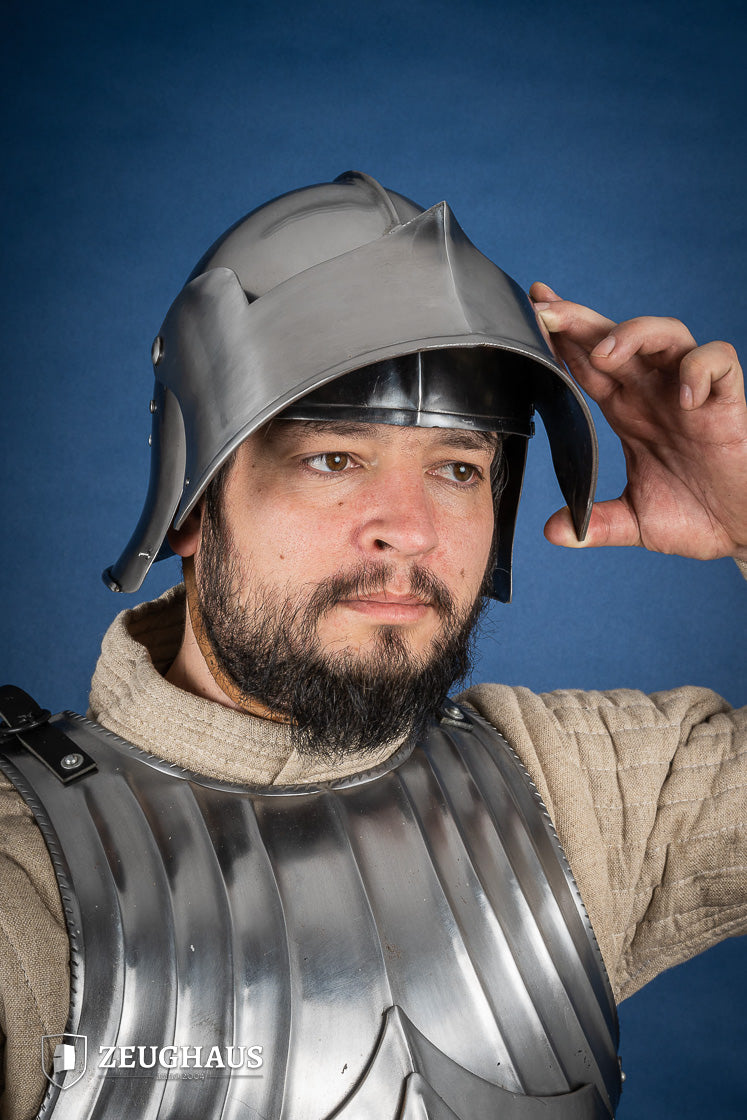Burgundian Sallet Helmet made of 1.6mm polished steel with adjustable visor and leather chin strap, showcasing its historical design.