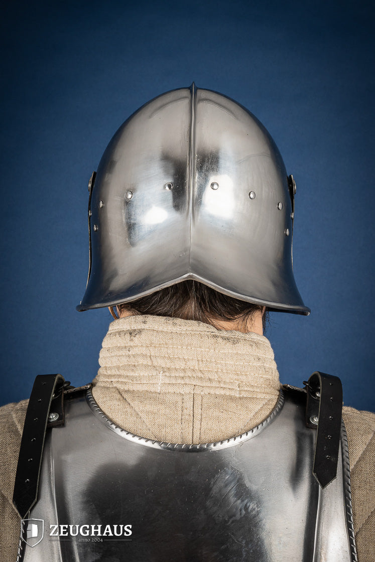 Burgundian Sallet Helmet made of 1.6mm polished steel with adjustable visor and leather chin strap, showcasing its historical design.