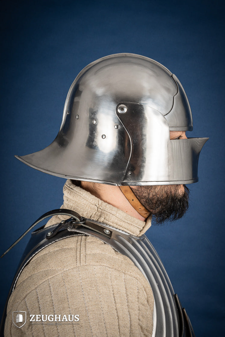 Burgundian Sallet Helmet made of 1.6mm polished steel with adjustable visor and leather chin strap, showcasing its historical design.