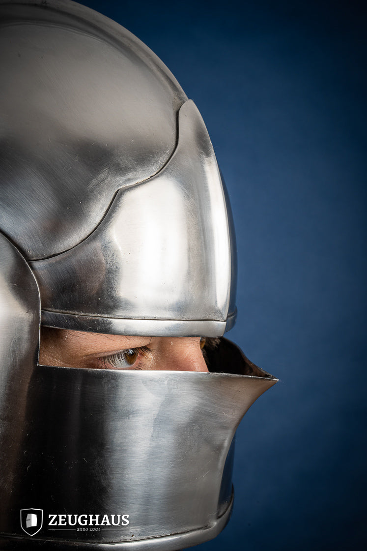 Burgundian Sallet Helmet made of 1.6mm polished steel with adjustable visor and leather chin strap, showcasing its historical design.