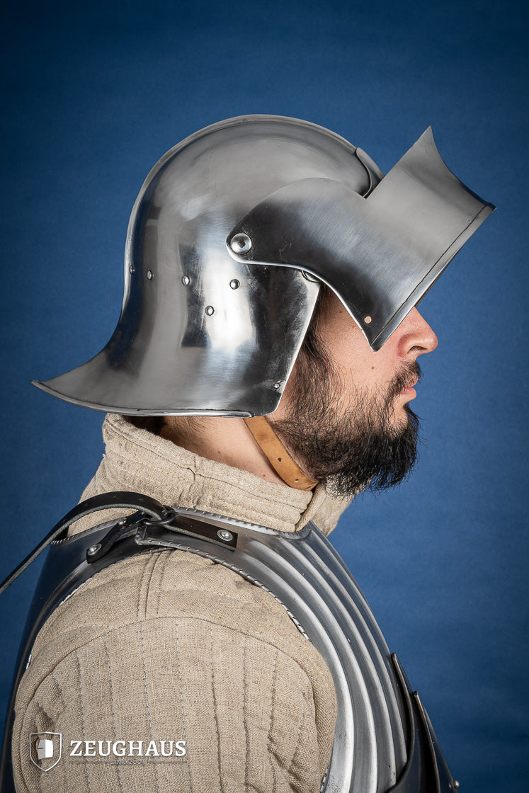 Burgundian Sallet Helmet made of 1.6mm polished steel with adjustable visor and leather chin strap, showcasing its historical design.