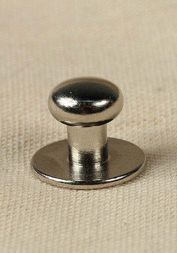 Five button rivets made of brass and iron, featuring a head diameter of 9.8 mm and a height of 12 mm, available in various finishes.