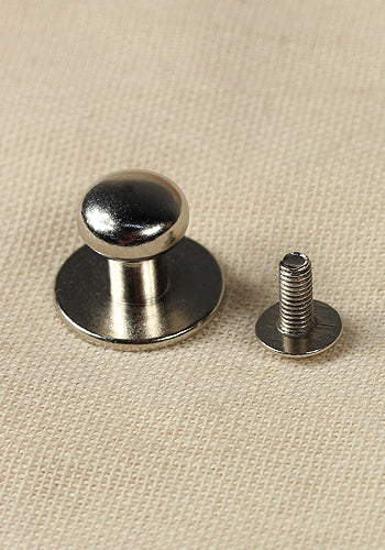 Five button rivets made of brass and iron, featuring a head diameter of 9.8 mm and a height of 12 mm, available in various finishes.