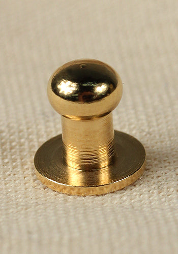Set of 5 brass button rivets with iron screws, showcasing their dimensions and finishes.