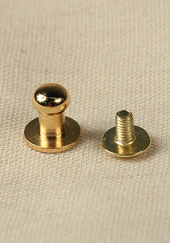 Set of 5 brass button rivets with iron screws, showcasing their dimensions and finishes.