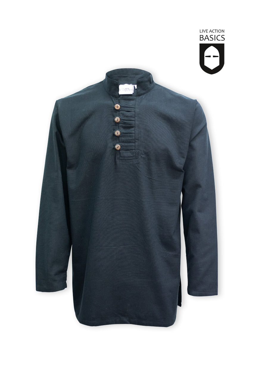 A stylish black button shirt featuring a standing collar and four buttons along the neckline, designed for versatility and comfort.