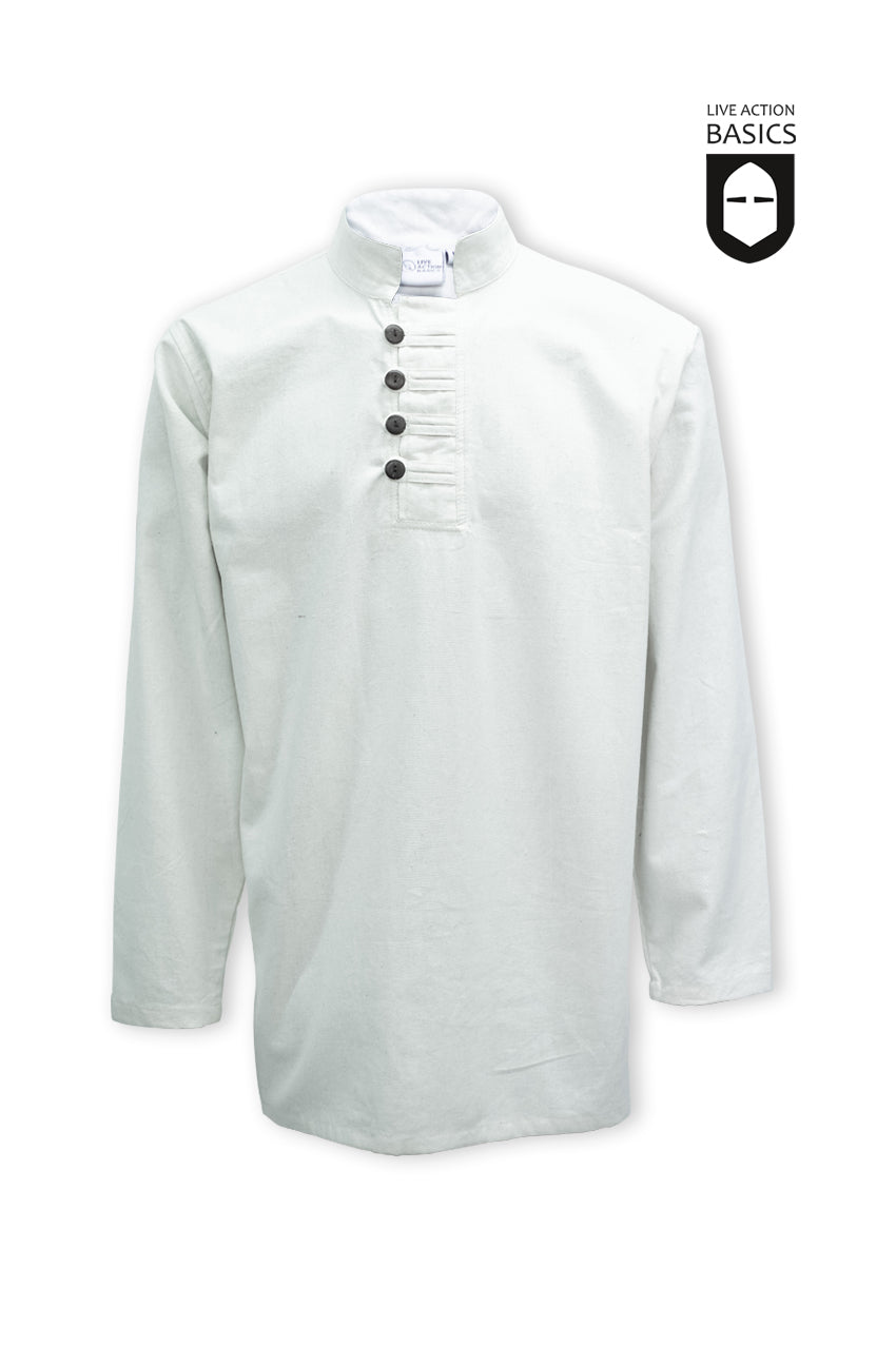 A natural button shirt featuring a standing collar and four buttons, designed for LARP and costume events.