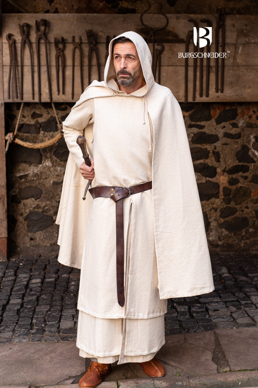 A flowing Cape Francois Natural made of 100% cotton, knee-length with ties at the chest, perfect for fantasy costumes.