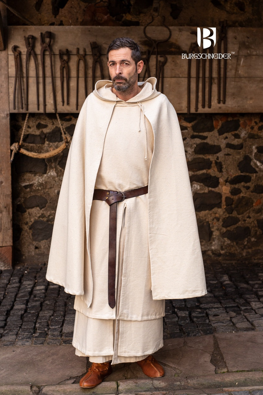 A flowing Cape Francois Natural made of 100% cotton, knee-length with ties at the chest, perfect for fantasy costumes.