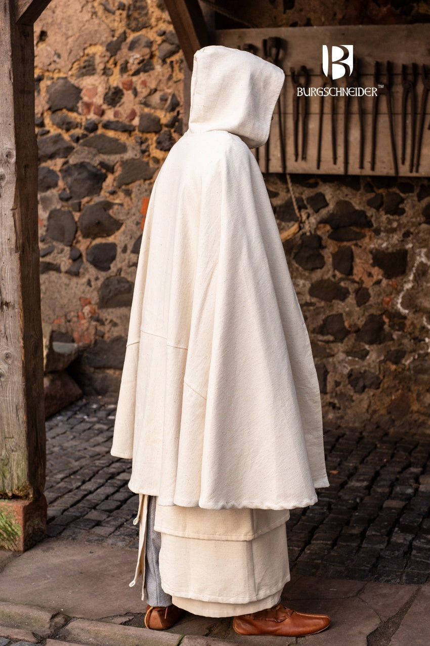 A flowing Cape Francois Natural made of 100% cotton, knee-length with ties at the chest, perfect for fantasy costumes.