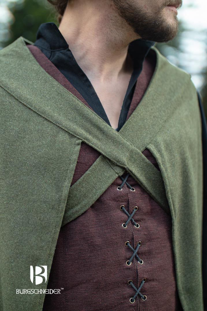 Cape Justus Olive Green, a heavy woolmix blazer with cross bindings, perfect for outdoor adventures and ranger characters.