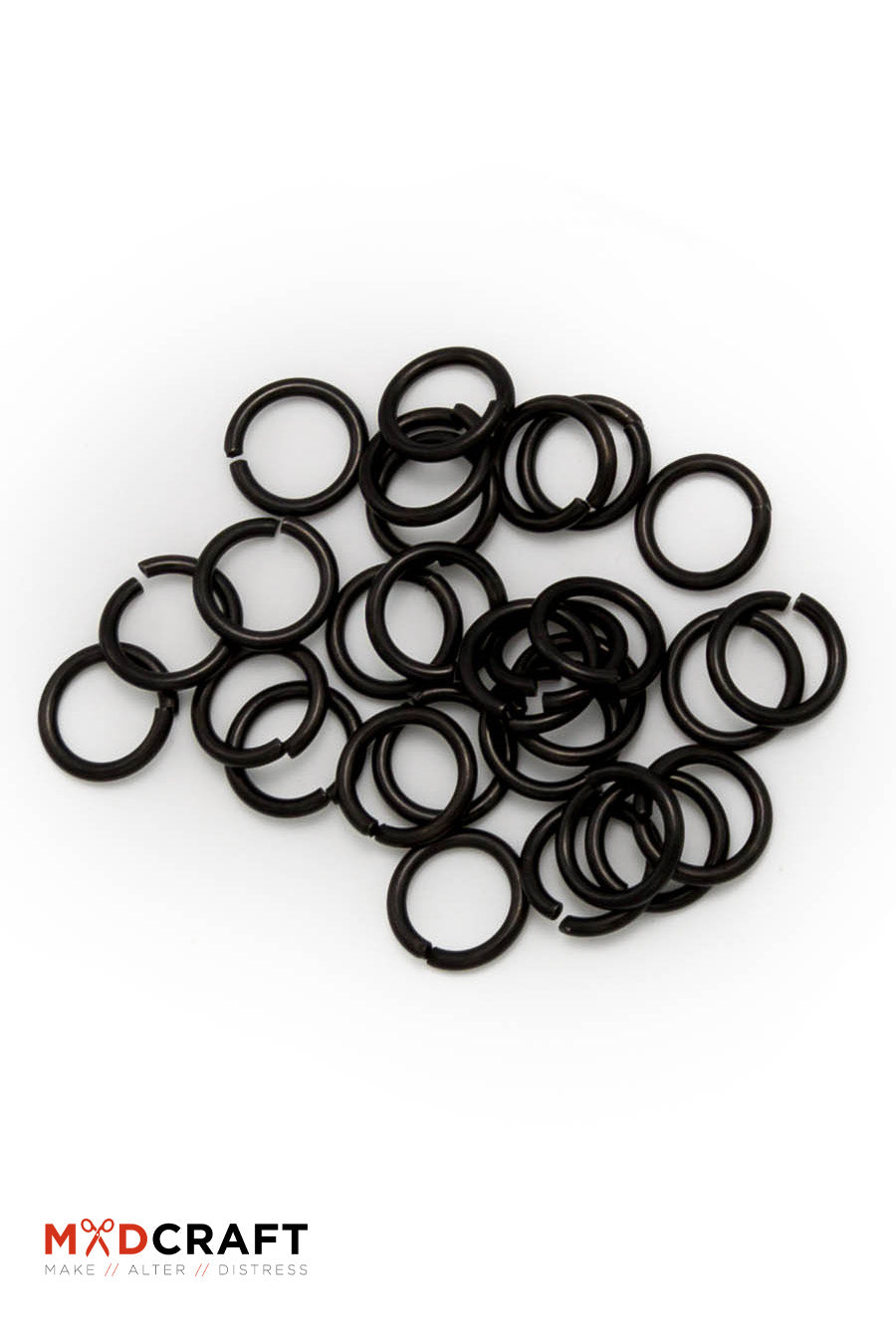 A bag containing 100 black stainless steel chain rings, showcasing their sleek finish and durability for crafting projects.