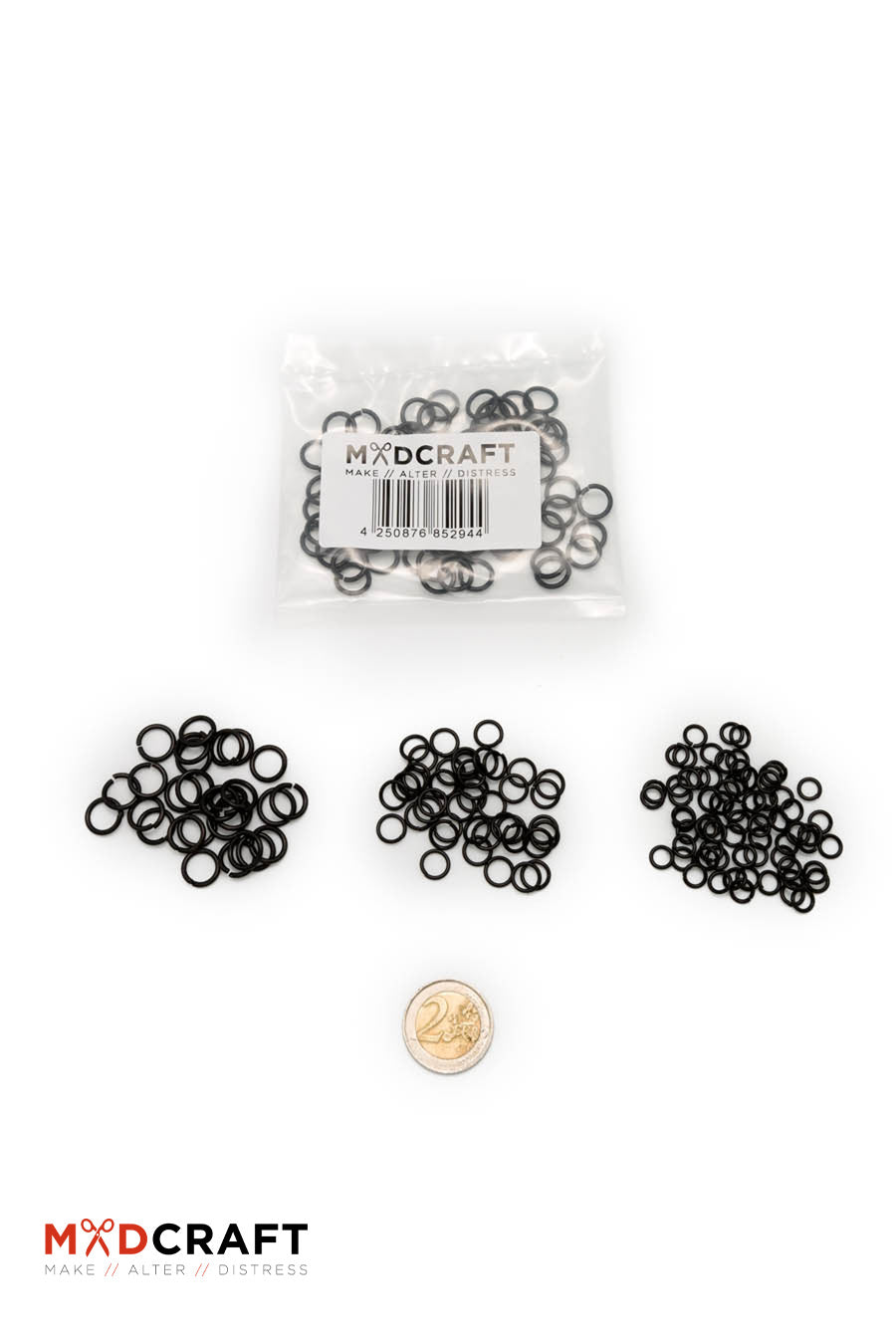 A bag containing 100 black stainless steel chain rings, showcasing their sleek finish and durability for crafting projects.