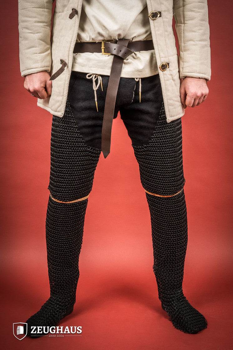 Chainmail chausses made of mild steel with burnished finish, featuring 10mm round rings in a European 4-in-1 braid pattern.