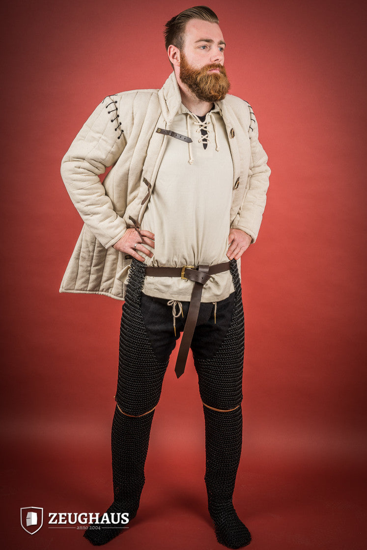 Chainmail chausses made of mild steel with burnished finish, featuring 10mm round rings in a European 4-in-1 braid pattern.