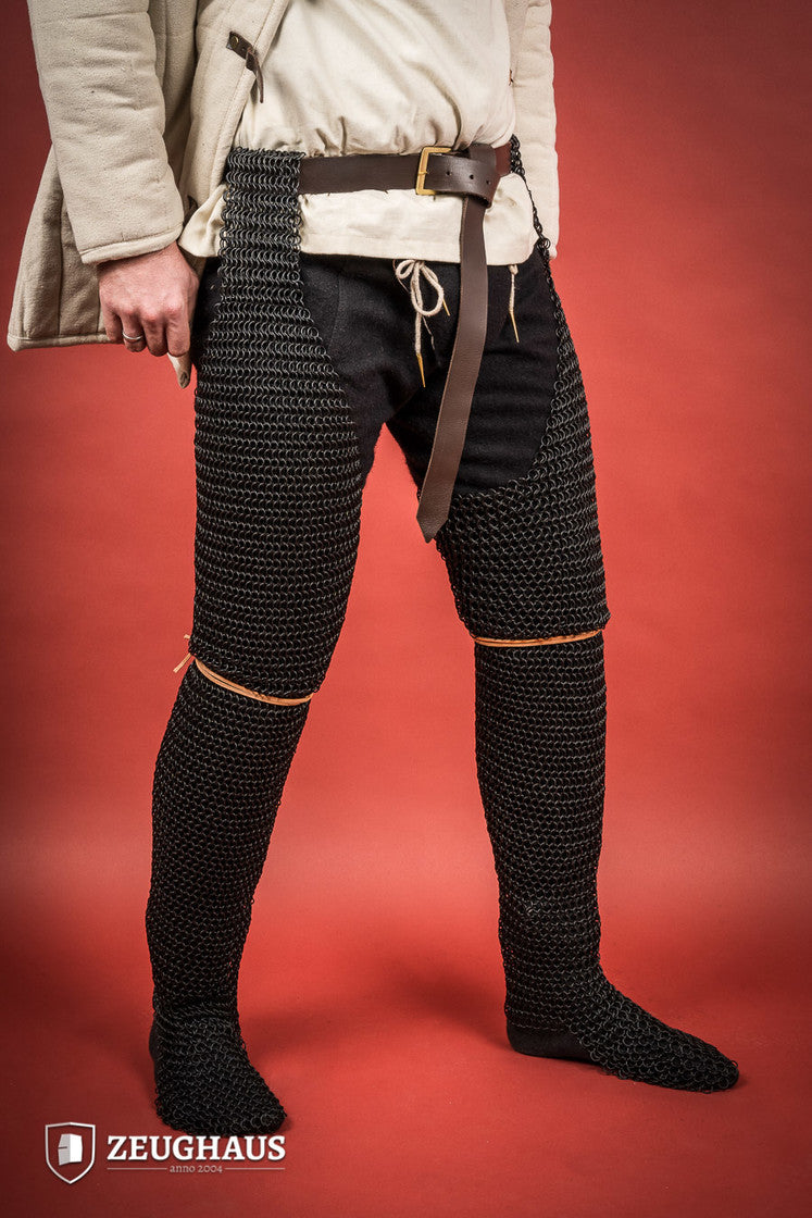 Chainmail chausses made of mild steel with burnished finish, featuring 10mm round rings in a European 4-in-1 braid pattern.