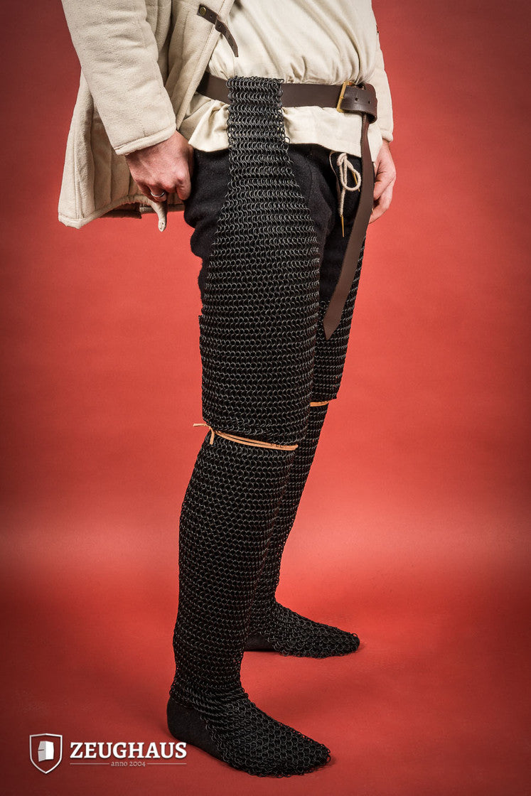 Chainmail chausses made of mild steel with burnished finish, featuring 10mm round rings in a European 4-in-1 braid pattern.