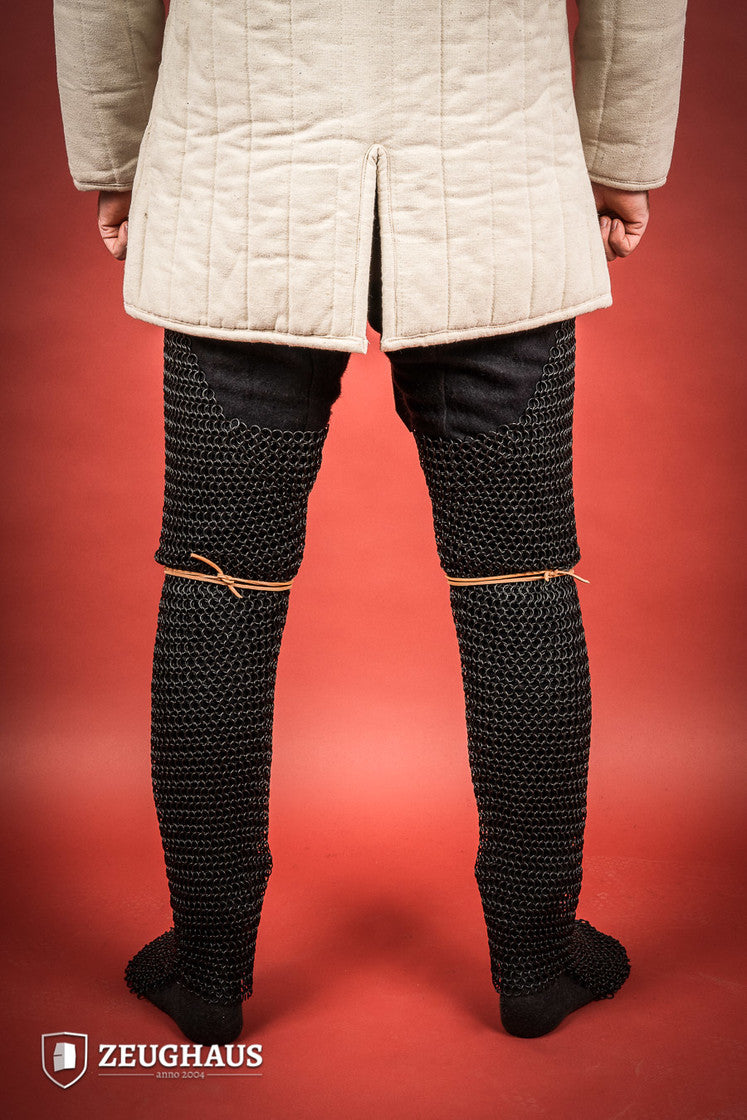 Chainmail chausses made of mild steel with burnished finish, featuring 10mm round rings in a European 4-in-1 braid pattern.