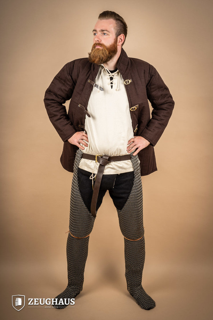 Chainmail chausses made of oiled mild steel with 9mm round rings, showcasing European 4-in-1 braid design.