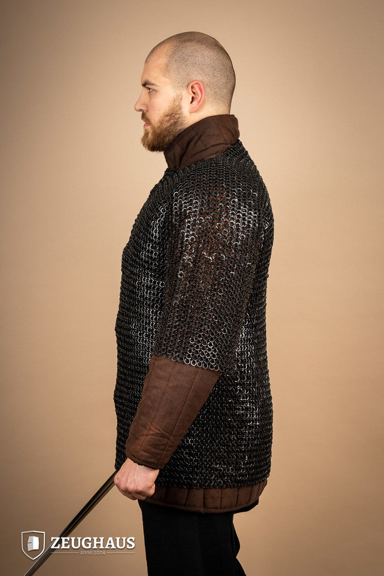 Chainmail Haubergeon made of mild steel with burnished finish, featuring flat rings and riveted design, suitable for reenactments and cosplay.