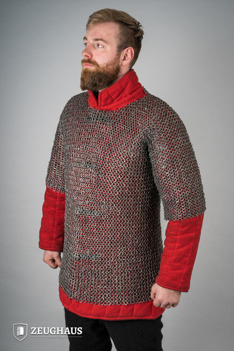 Chainmail Haubergeon made of titanium with 9mm flat rings, showcasing riveted construction and European 4-in-1 braid type.