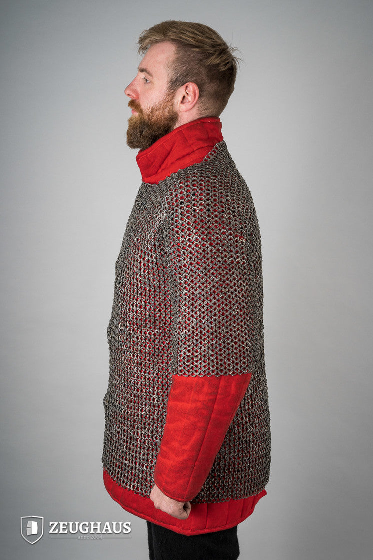 Chainmail Haubergeon made of titanium with 9mm flat rings, showcasing riveted construction and European 4-in-1 braid type.