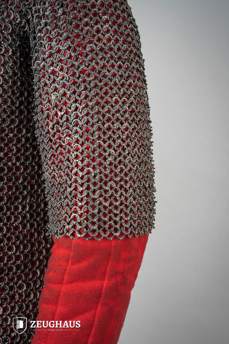 Chainmail Haubergeon made of titanium with 9mm flat rings, showcasing riveted construction and European 4-in-1 braid type.