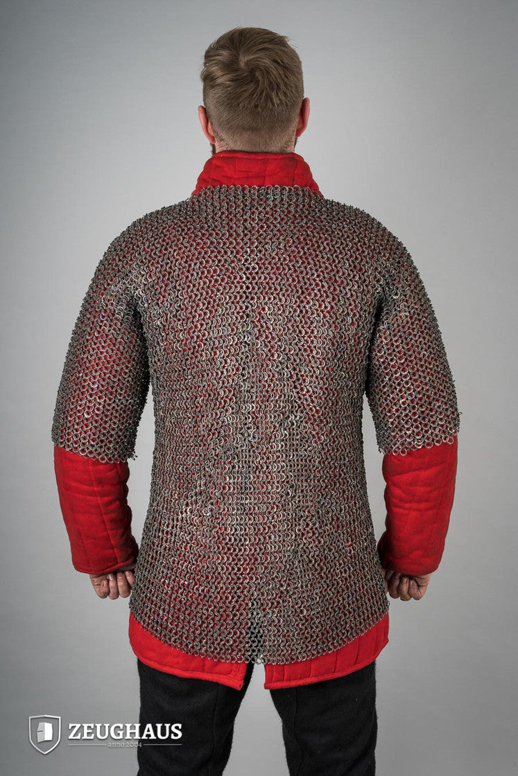 Chainmail Haubergeon made of titanium with 9mm flat rings, showcasing riveted construction and European 4-in-1 braid type.