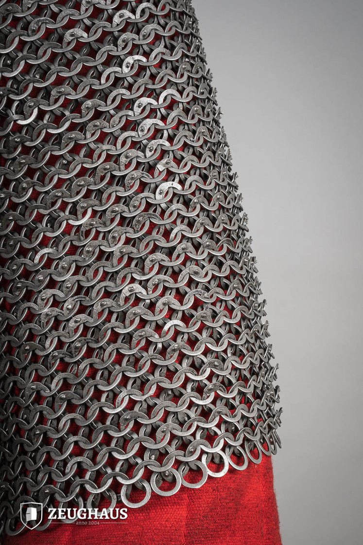 Chainmail Haubergeon made of oiled mild steel with 9mm flat rings, showcasing its intricate wedge riveting and European 4-in-1 braid design.